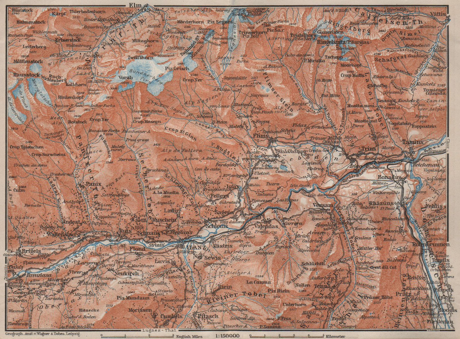 ILANZ & FLIMS AREA. Laax Obersaxen Mundaun Brigels Waltensburg Tamins 1909 map